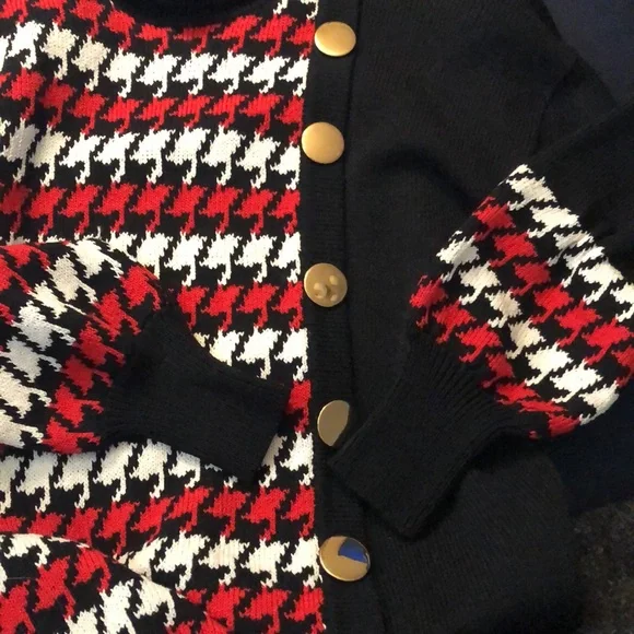 Vintage 80s Lillie Rubin Turtleneck Sweater Houndstooth Black Red Gold Buttons S